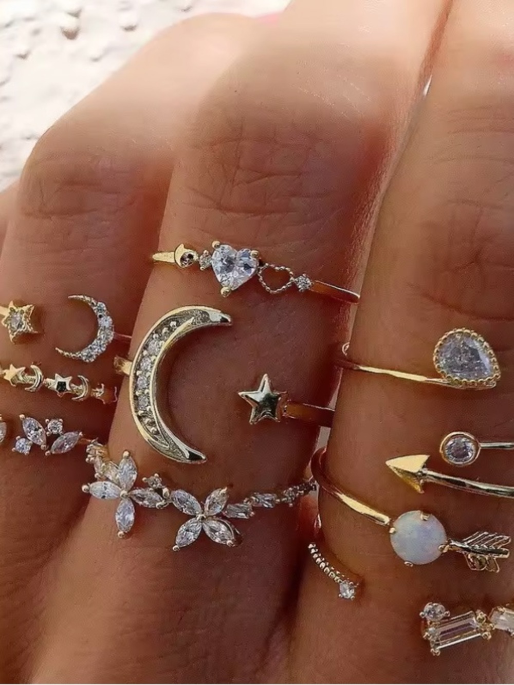 Gold Crystal Floral Cocktail Ring Set of 9 NEW